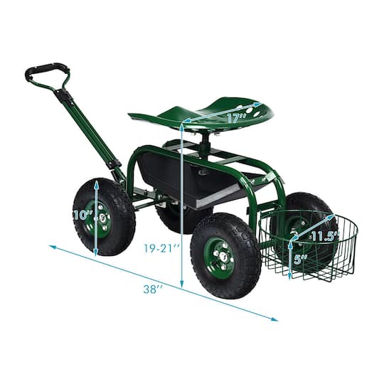Costway Green & Black Garden Cart Rolling Work Seat with Tray Basket Extendable Handle